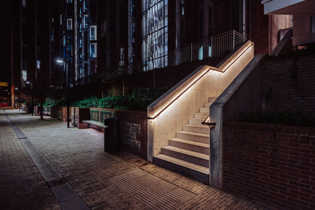 The Circus Street Development features a bespoke lighting strategy from Michael Grubb Studio, integrating architecture and landscape design to create a visual and sustainable public realm