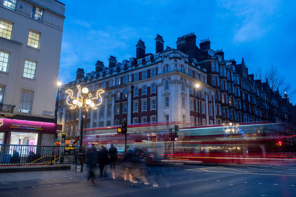 Festive lighting design by Michael Grubb Studio from 2019, inspired by Baker Street’s history, featuring bespoke illuminations that enhanced the area’s story