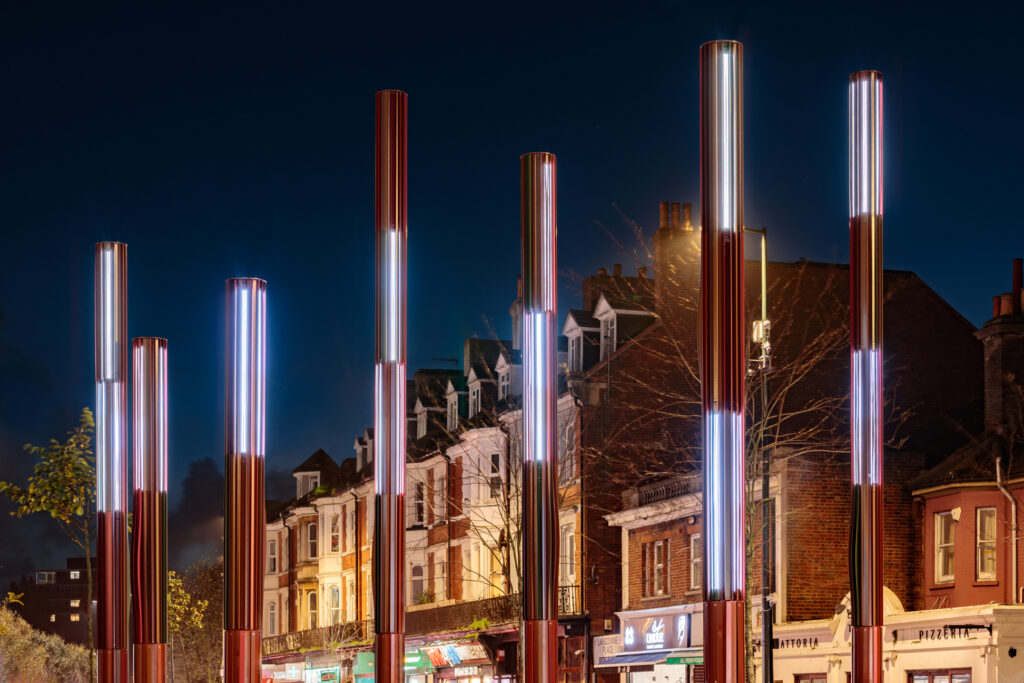 Interactive bespoke lighting installation in public realm and landscape architecture. Chine Forest in Bournemouth, United Kingdom.