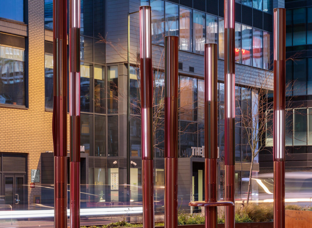 Interactive bespoke lighting installation in public realm and landscape architecture. Chine Forest in Bournemouth, United Kingdom.